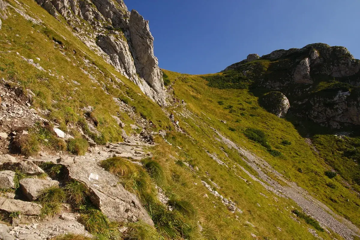Kamienista ścieżka, czerwony szlak na Giewont, wije się po zielonym zboczu. W oddali widać turyst&oacute;w.