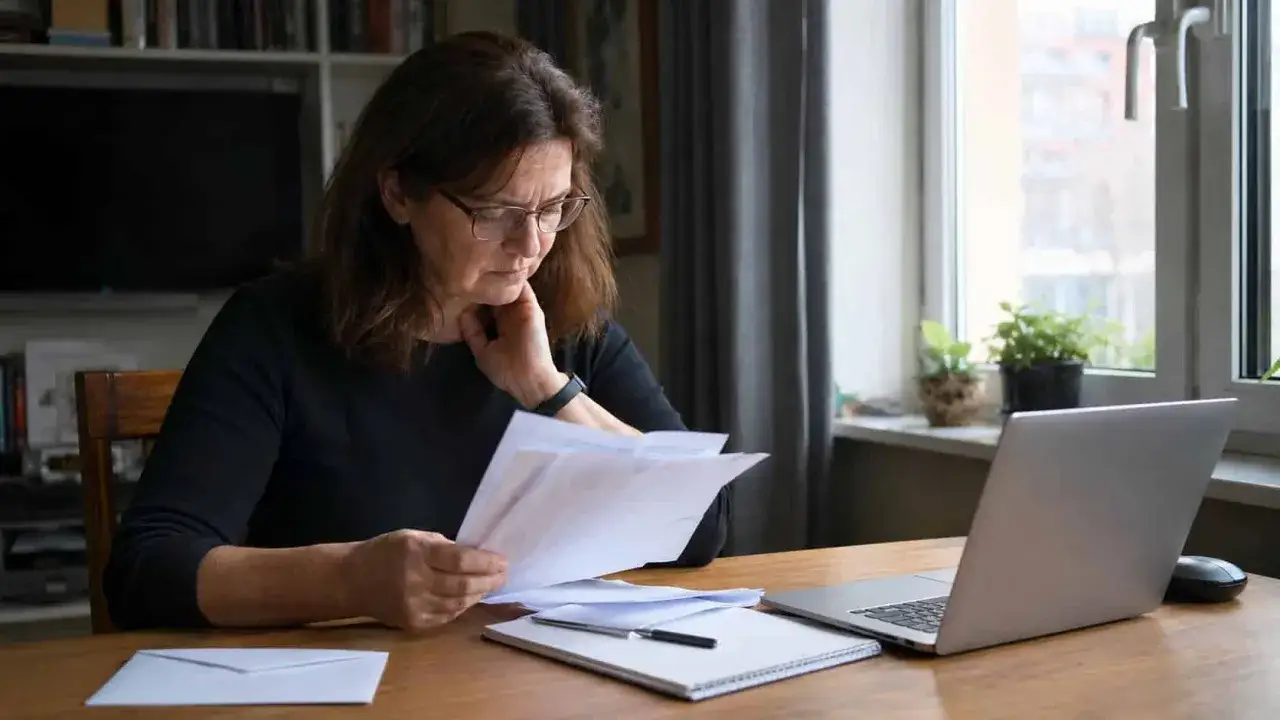 Kobieta analizuje dokumenty, szukając informacji, jak sprawdzić przedawnienie długu. Obok leży laptop.