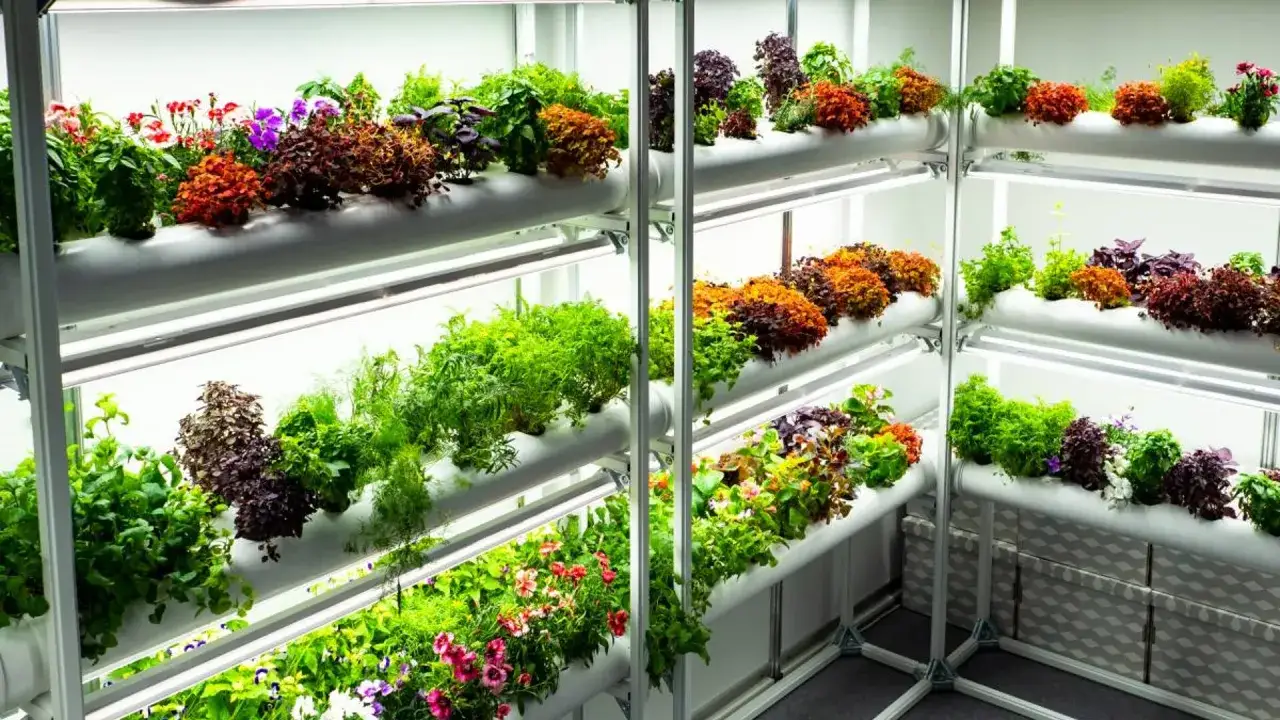 Système de culture hydroponique étape par étape avec diverses herbes et fleurs colorées poussant sur plusieurs niveaux sous éclairage LED.