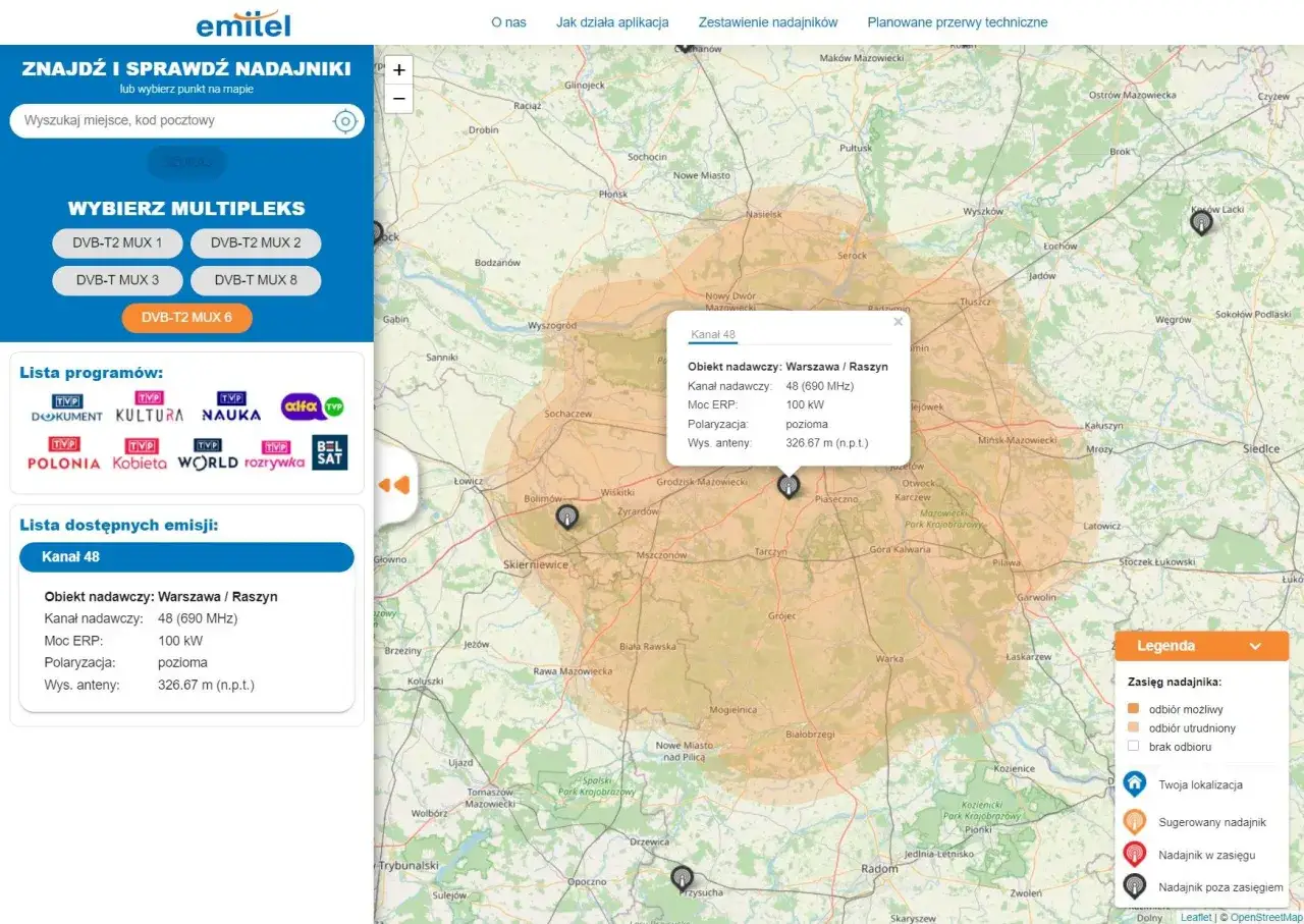 Jak dobrze ustawić antenę TV? Mapa pokazuje nadajnik Warszawa/Raszyn, kanał 48, moc 100 kW, polaryzacja pozioma, wysokość 326.67 m.