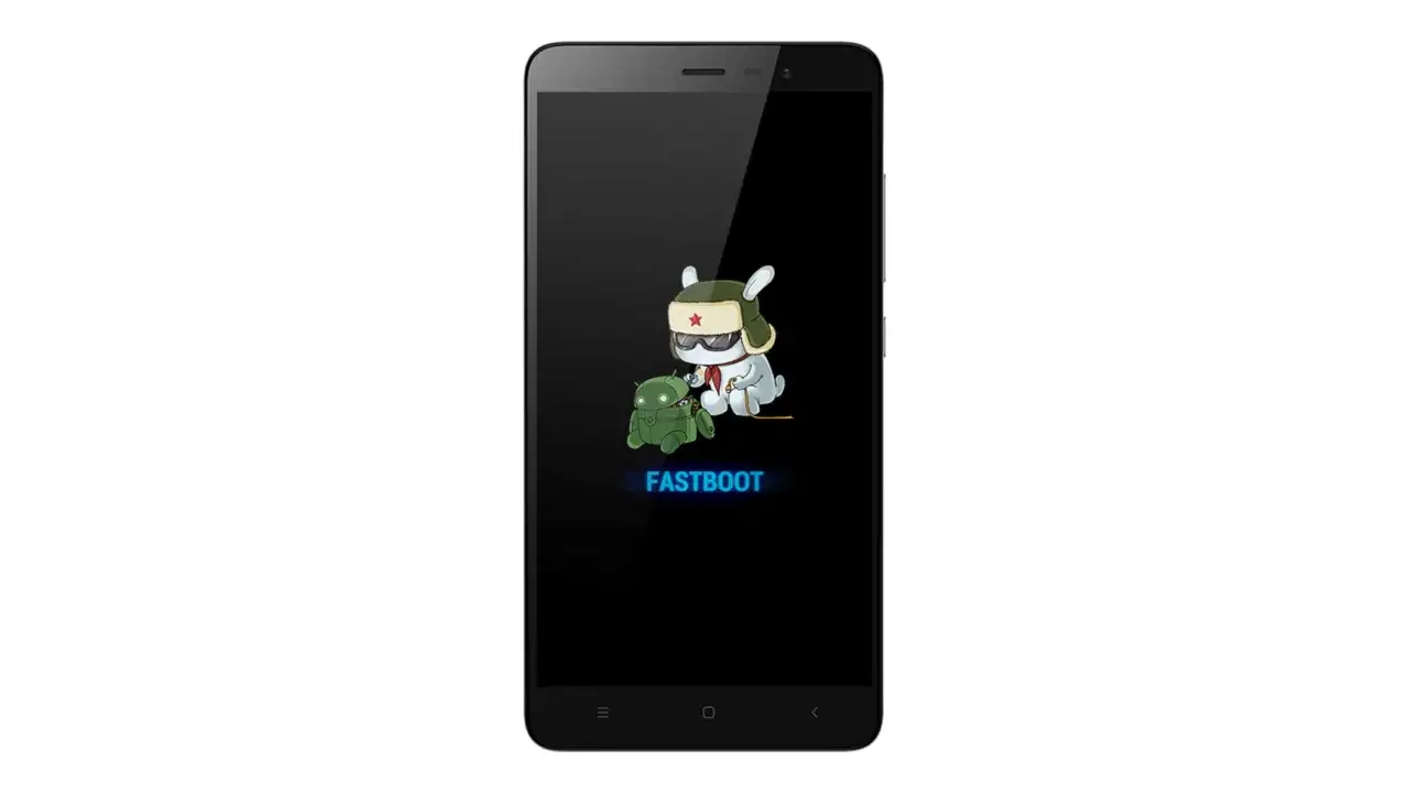 Xiaomi telefon w trybie fastboot. Na czarnym ekranie widnieje logo Androida i postać królika w wojskowej czapce.