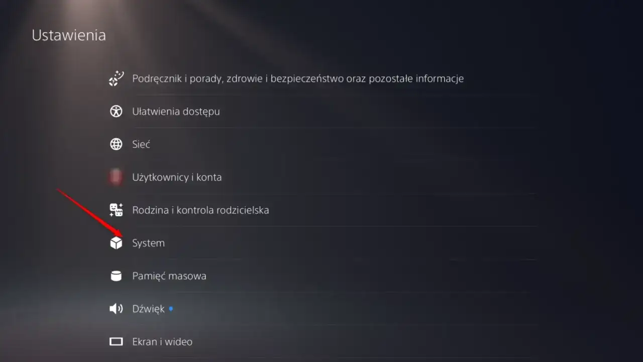 Menu Ustawienia PS5. Czerwona strzałka wskazuje opcję