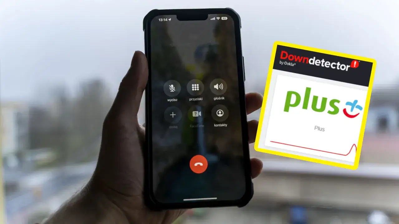 Awaria sieci Plus dzisiaj? Na ekranie telefonu widać połączenie, a obok logo Down detector z wykresem wskazującym problemy.