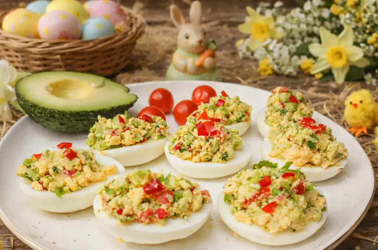 Jajka faszerowane guacamole, pomidorkami i papryką, ozdobione na wielkanocnym stole.