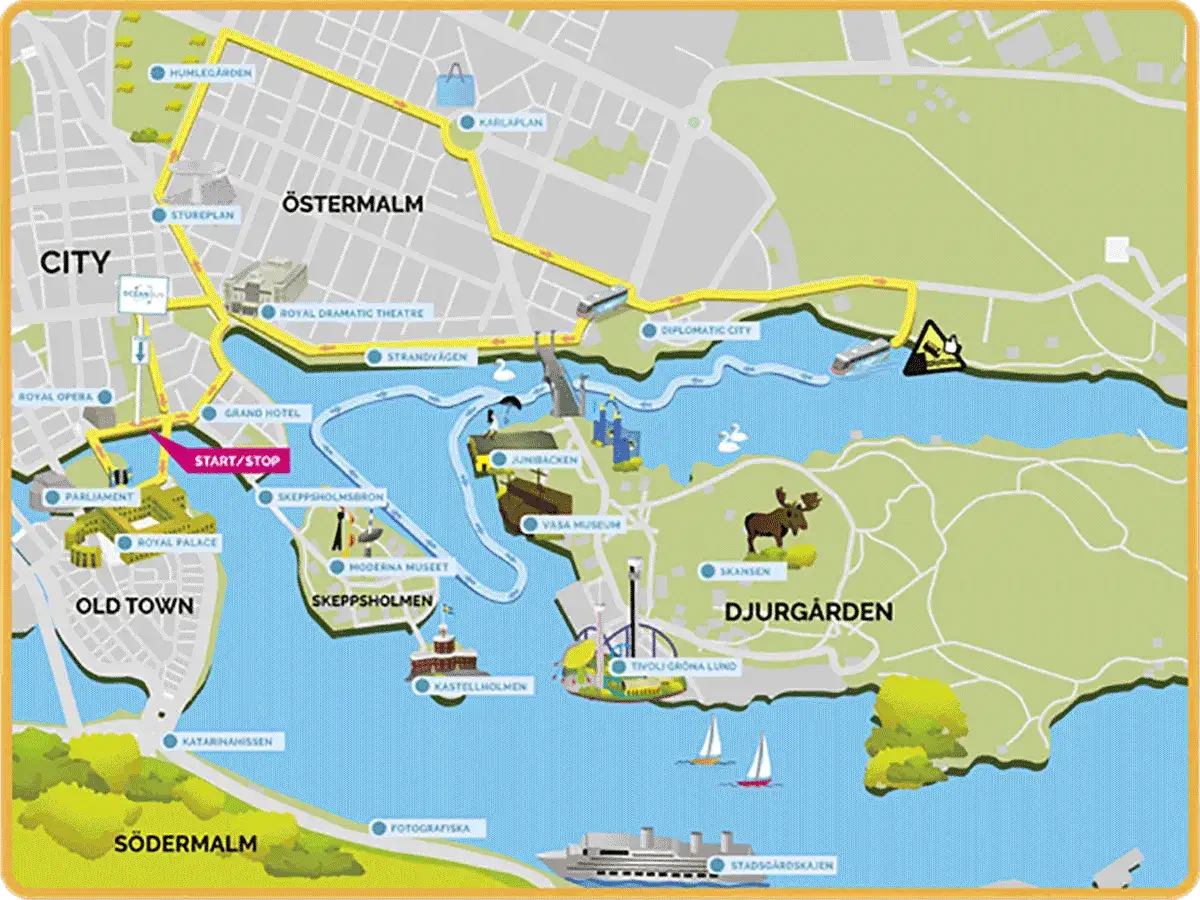 Karta &ouml;ver Stockholm med markerad rutt f&ouml;r city sightseeing. Bes&ouml;k Gamla Stan, Djurg&aring;rden, Vasamuseet och Skansen.