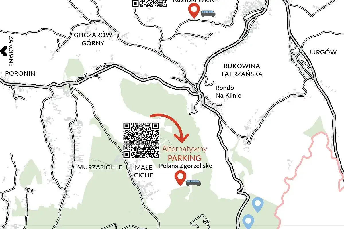 Mapa okolic Bukowiny Tatrzańskiej. Wskazuje alternatywny parking na Polanie Zgorzelisko, pod Nosalem.