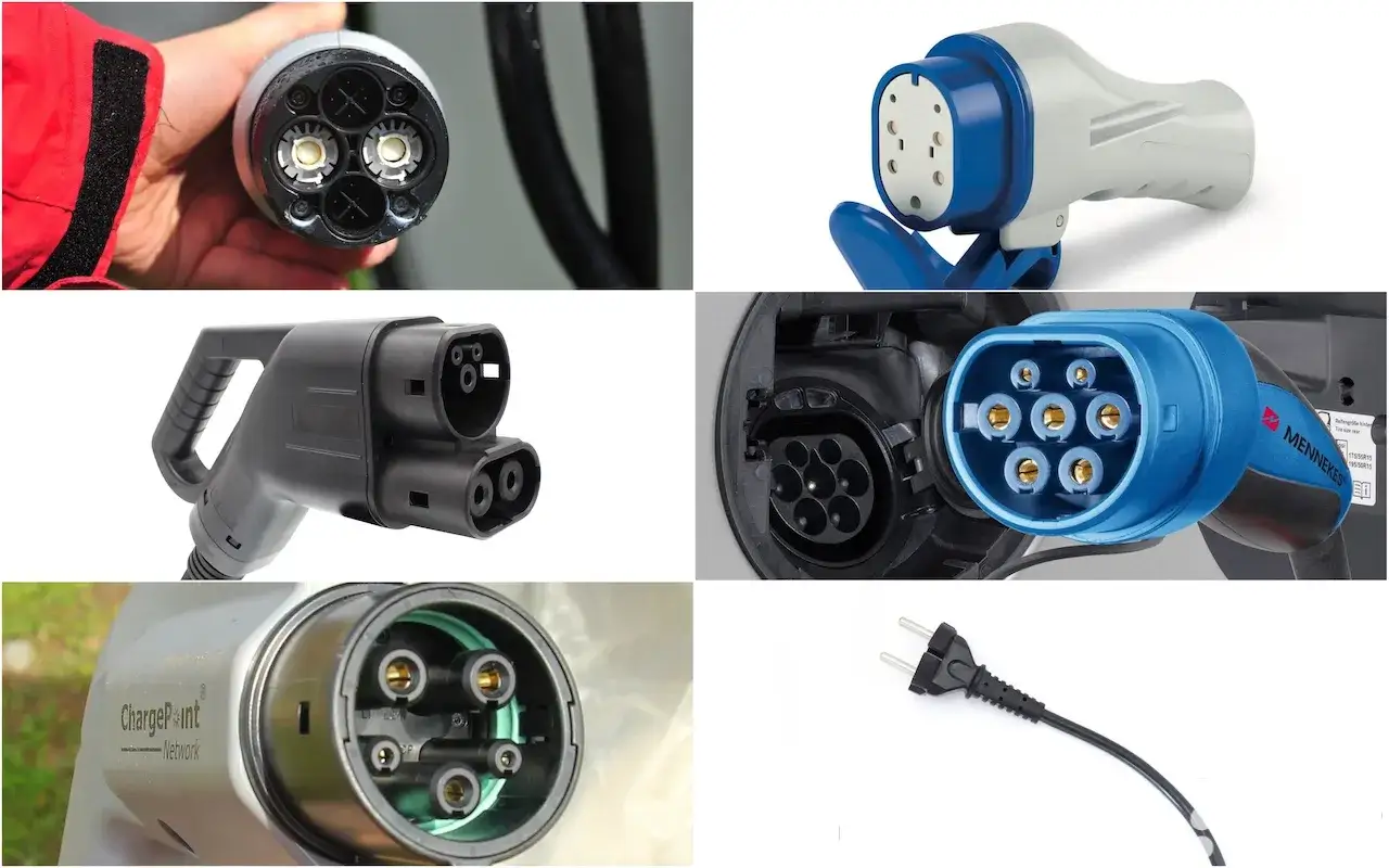 Diversos tipos de conectores de carga para veh&iacute;culos el&eacute;ctricos, mostrando diferentes dise&ntilde;os y configuraciones de pines.