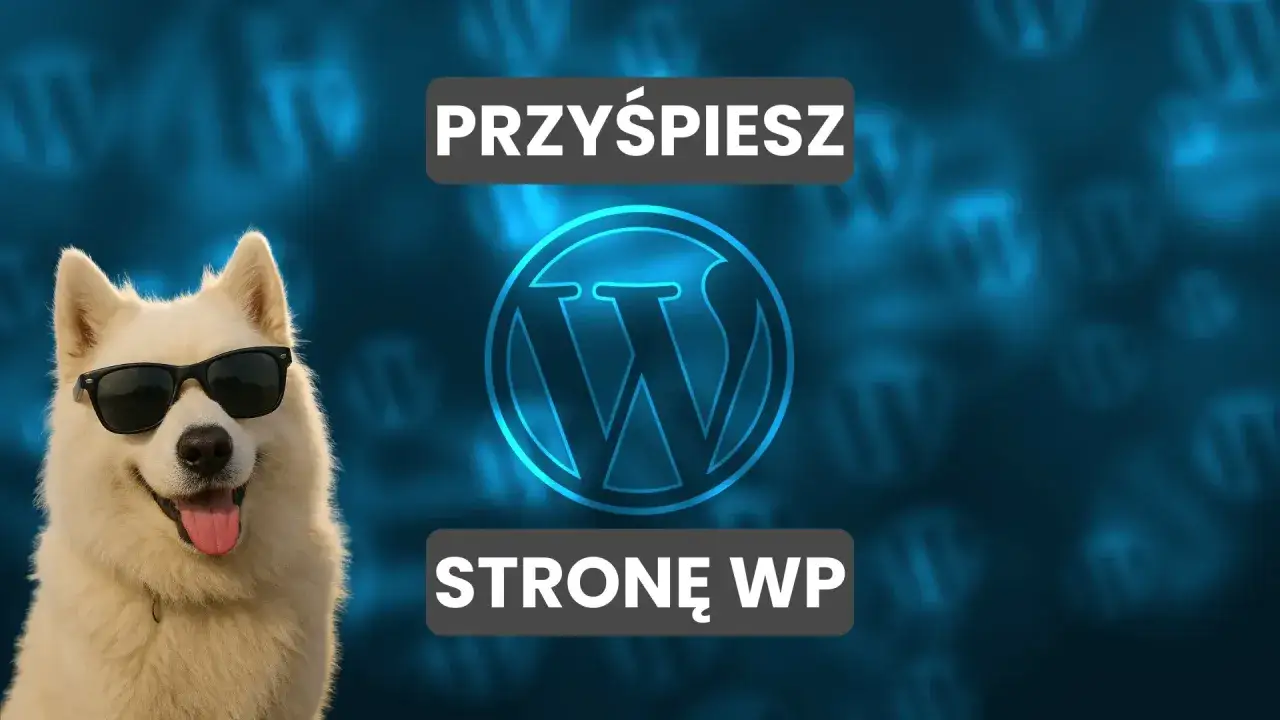 Biały pies w okularach przeciwsłonecznych i logo WordPress. Tekst: 