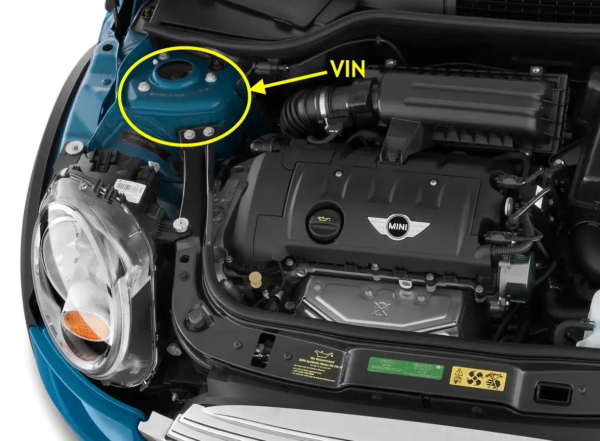 Il telaio della Mini Cooper, dove si trova il VIN, è evidenziato in blu.