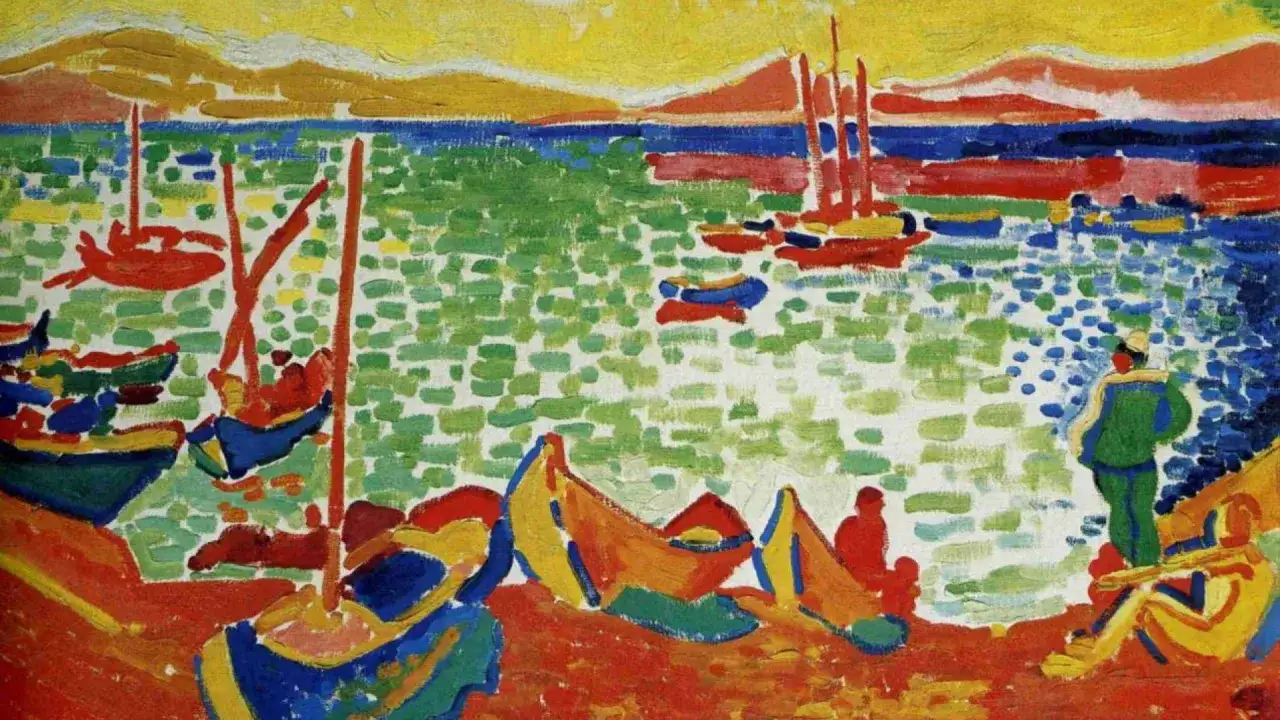 Un port coloré, vu par un peintre français moderne. Des bateaux aux voiles rouges flottent sur une mer verte et bleue, sous un ciel jaune.