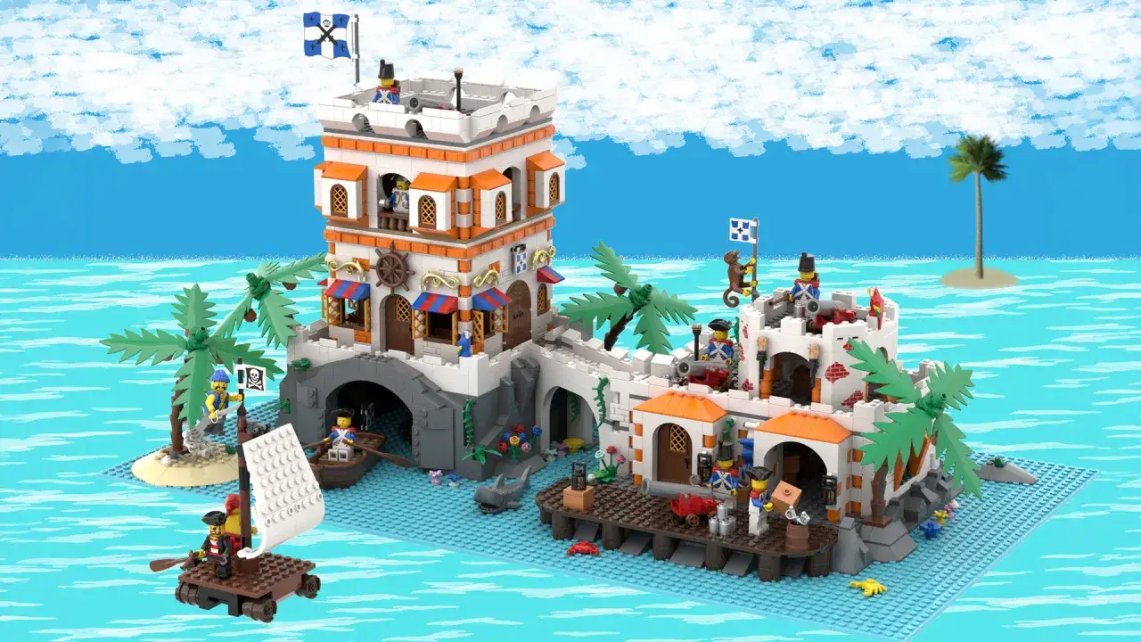 Ein detailreiches Lego Pirates MOC mit einer Festung, Piraten, Schiffen und Palmen auf dem Meer.