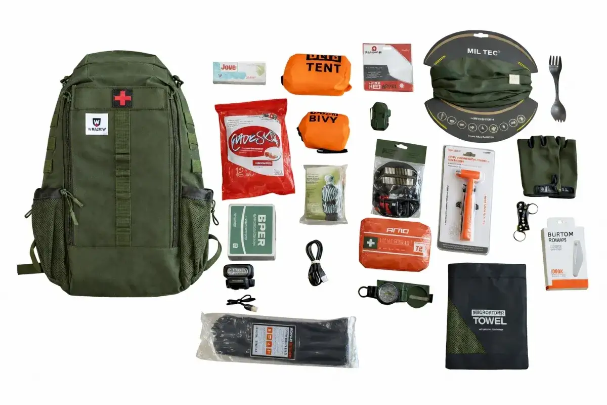 Zestaw survivalowy: plecak, namiot, apteczka, latarka, kompas, rękawiczki, ręcznik i inne akcesoria. Zasada 3.