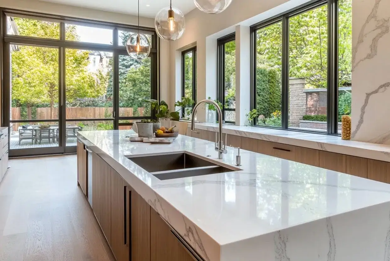 Cocinas con isla modernas y luminosas, con encimeras de cuarzo blanco y gabinetes de madera. Grandes ventanales conectan con el exterior.