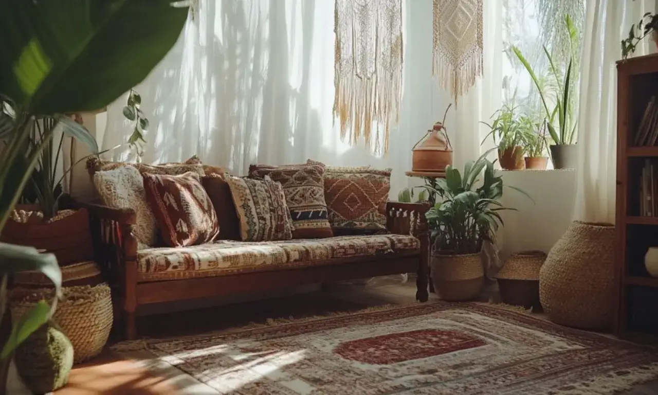 Divano con cuscini decorati, tappeto etnico e piante creano un'atmosfera boho chic arredamento.