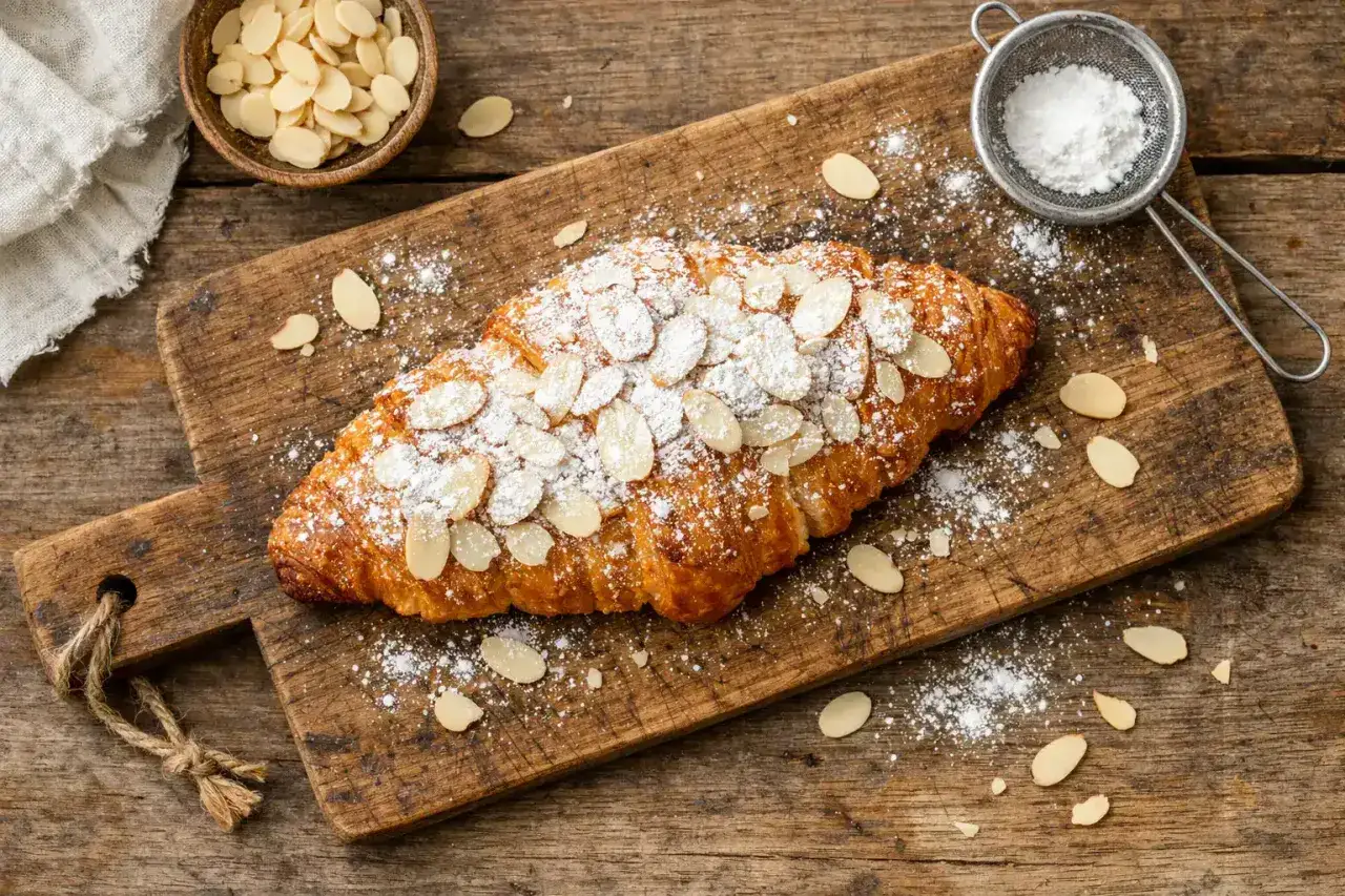Chrupiący croissant z migdałami i cukrem pudrem. Pyszna przekąska, ale warto pamiętać o jej kaloryczności – croissant kcal to spora dawka energii.