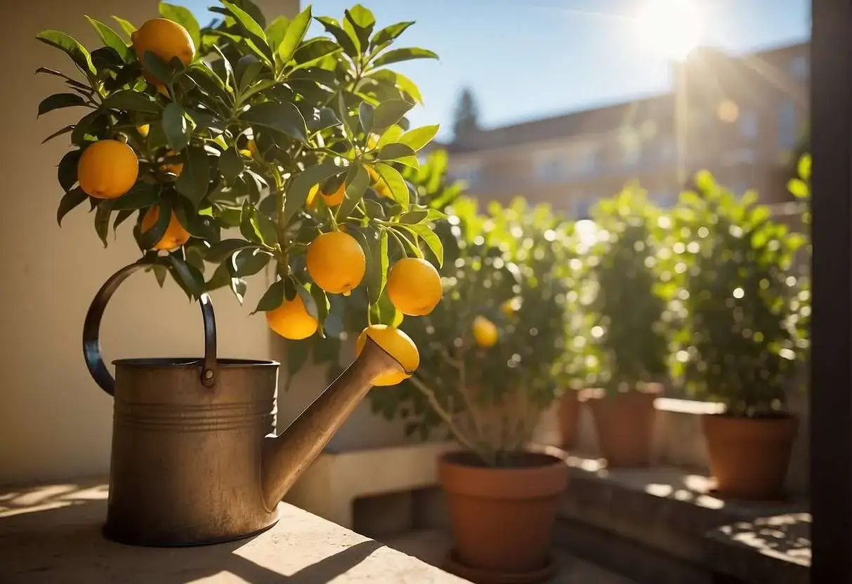 Arrosage d'un citronnier en pot, charg&eacute; de fruits, avec un vieil arrosoir en m&eacute;tal. Le soleil brille, illuminant les feuilles vertes et les citrons.