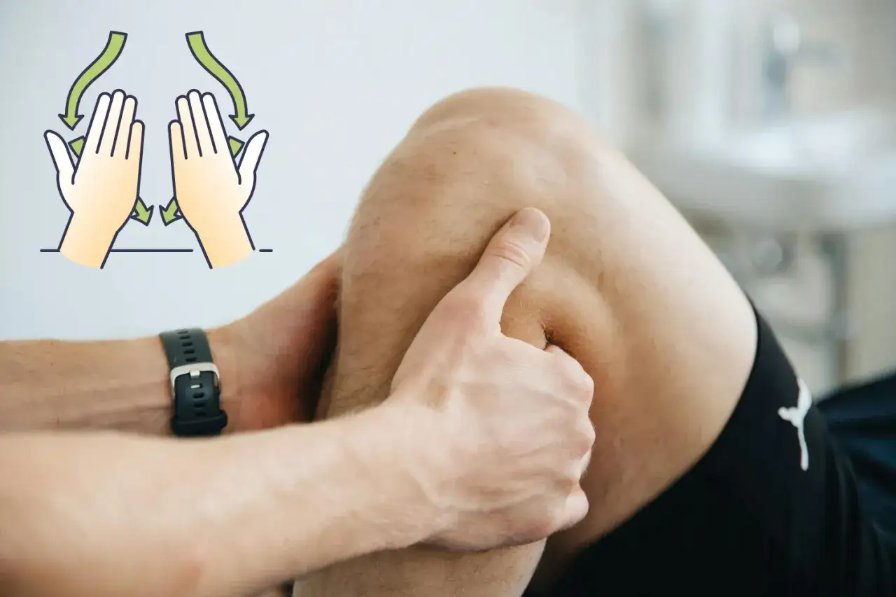 Ręce terapeuty wykonują masaż limfatyczny ręczny na kolanie pacjenta, wspomagany ilustracją ruchów.