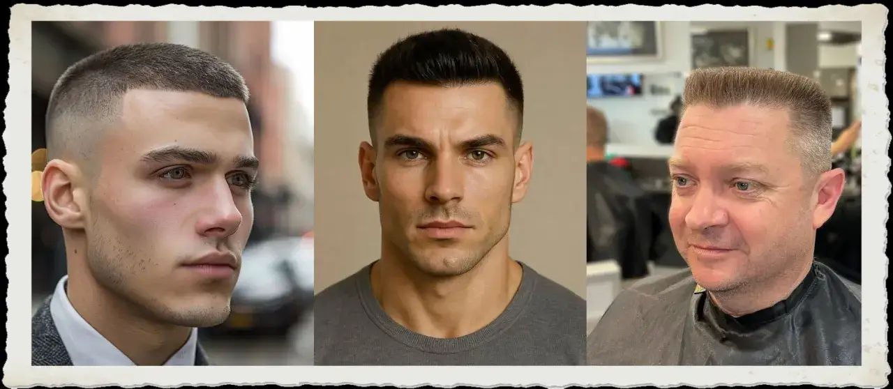 Trzy męskie fryzury: buzz cut, klasyczny crop i flat top. Inspiracja fryzurami wojskowymi dla każdego.