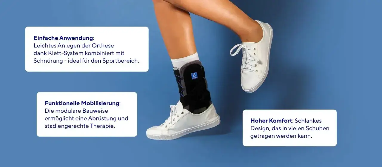 Bein mit Orthese und wei&szlig;em Sneaker. Gute Erfahrungen mit Malleo Sprint f&uuml;r Sport und Therapie.