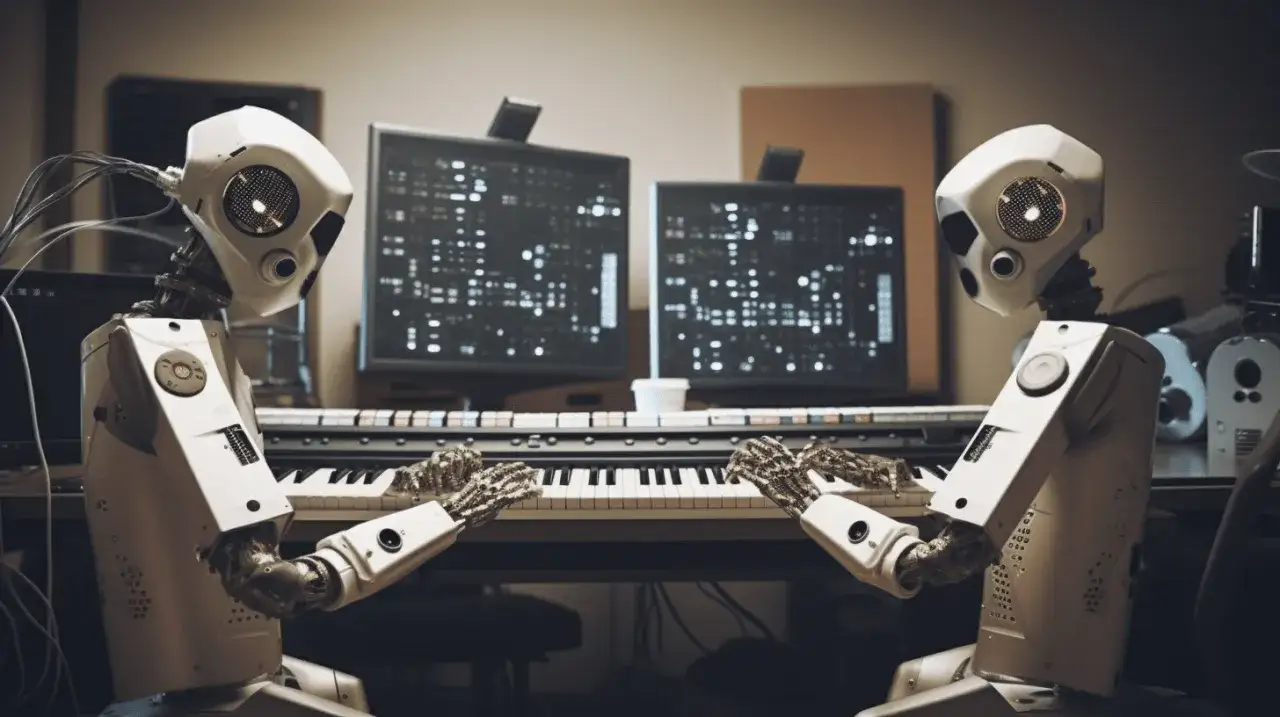 Zwei Roboter spielen Klavier, inspiriert von OpenAI MuseNet. Ihre mechanischen Finger tanzen über die Tasten, während auf den Bildschirmen komplexe Muster aufleuchten.