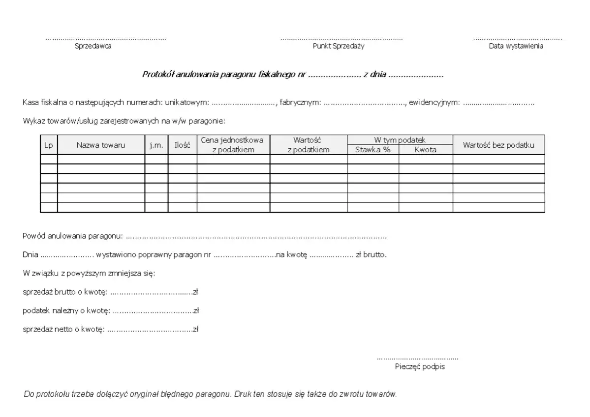Protok&oacute;ł anulowania paragonu fiskalnego. Dokument opisuje kara za anulowane paragony, wykaz towar&oacute;w i pow&oacute;d anulowania.