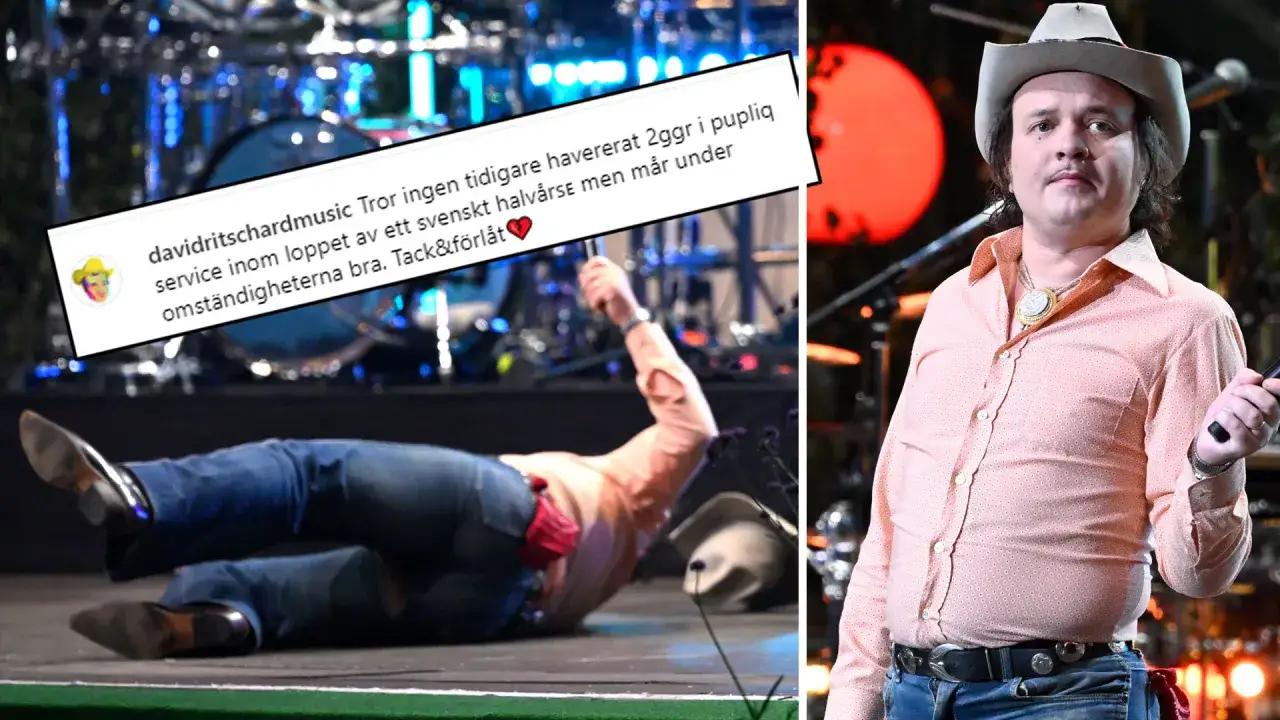 En man i cowboyhatt och rosa skjorta ligger p&aring; scenen under Alls&aring;ng p&aring; Skansen. En kommentar n&auml;mner en 
