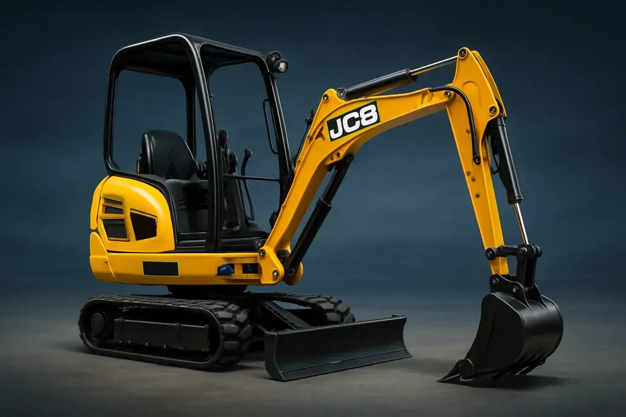 Żółta mini koparka JCB z czarną kabiną i gąsienicami, gotowa do pracy na budowie.