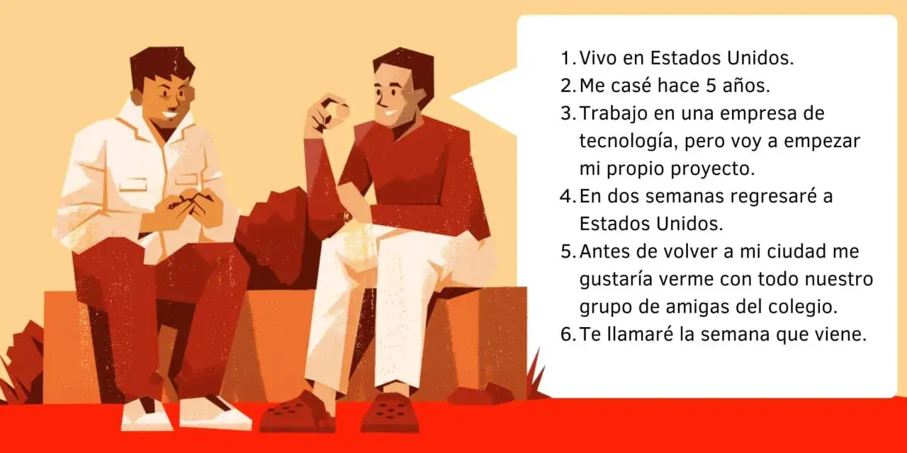 Dos hombres conversan. Uno cuenta su vida, como si fuera reported speech que es: vive en EE.UU., se casó, trabaja en tecnología y volverá pronto.