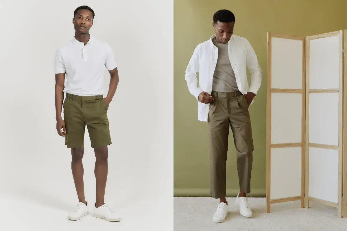 Mann tr&auml;gt perfekt sitzende Chino Shorts, knielang, mit Hemd und Loafern