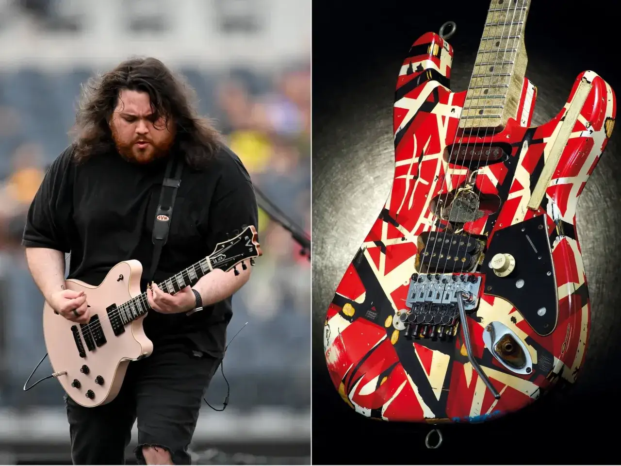 Un guitariste joue une guitare rose, &agrave; c&ocirc;t&eacute; de la c&eacute;l&egrave;bre guitare 