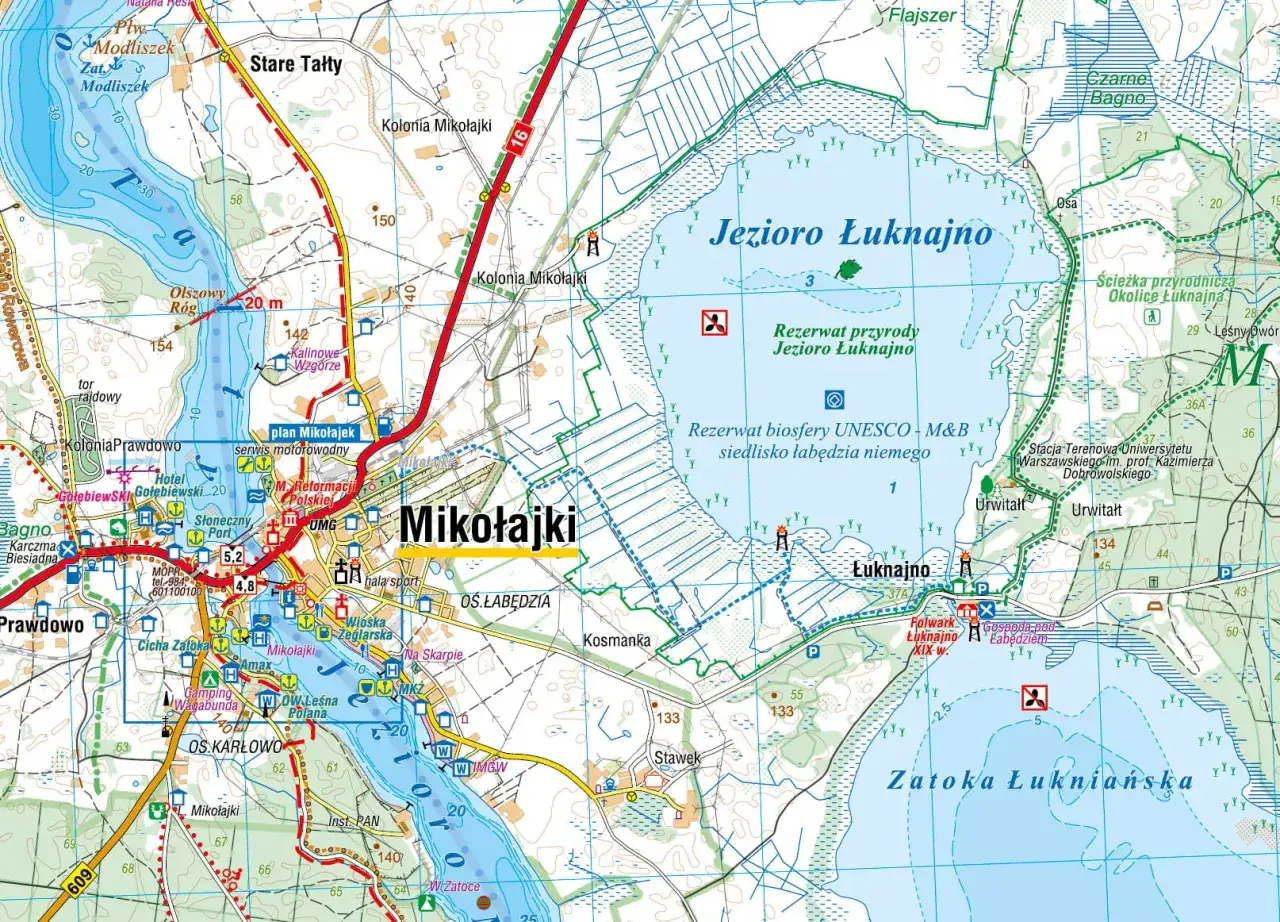 Mapa jezior Warmii i Mazur z zaznaczonymi głównymi akwenami