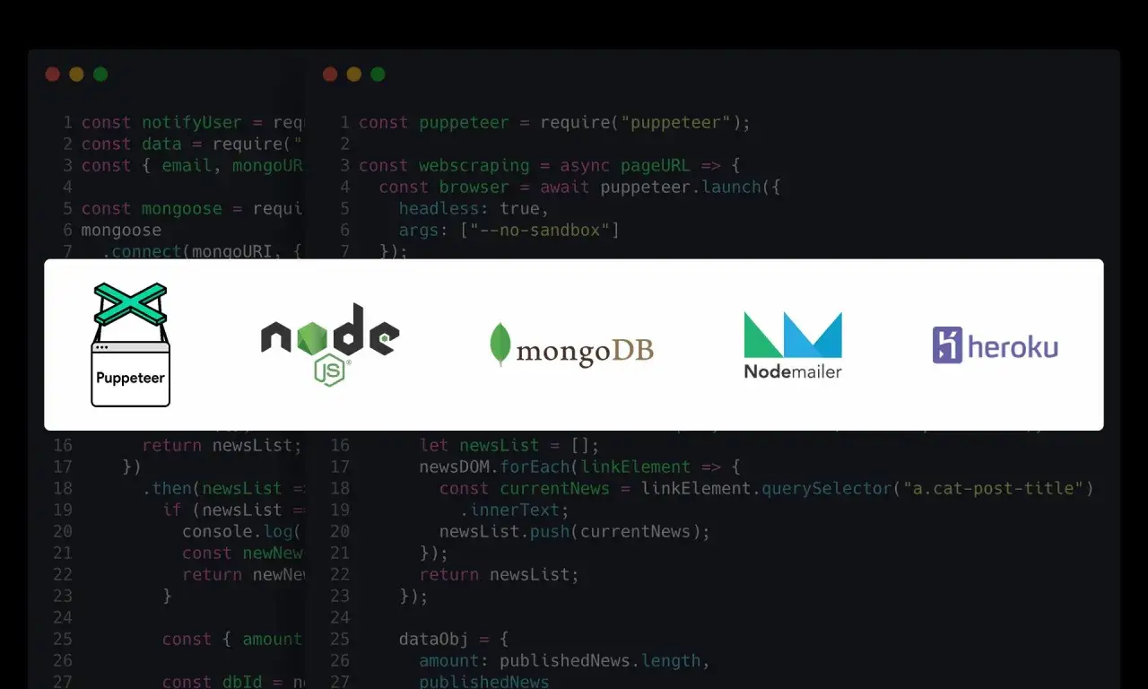 Kod Node.js z użyciem **Puppeteer** do web scrapingu, integrujący się z MongoDB, Nodemailer i Heroku.