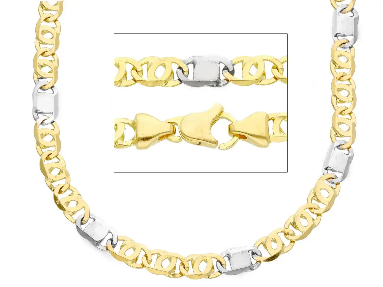 Collar de oro blanco y amarillo con eslabones marineros y cierre de pinza. Muestra la diferencia entre oro blanco y oro amarillo.