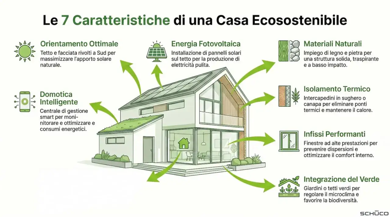 Una casa ecosostenibile con pannelli solari, materiali naturali, isolamento termico e domotica intelligente per un comfort ottimale e un basso impatto ambientale.