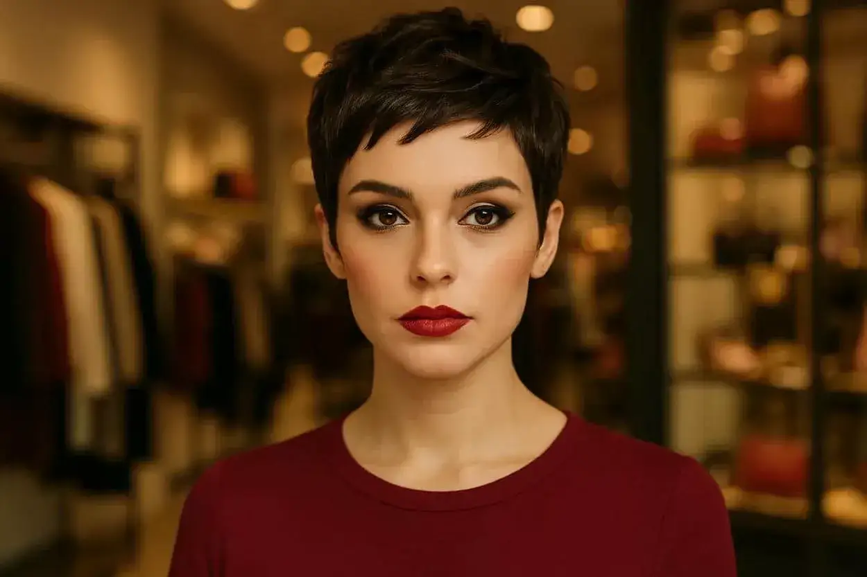 Une femme au regard intense et aux cheveux courts, portant un rouge à lèvres audacieux, se tient devant un fond flou de boutique.