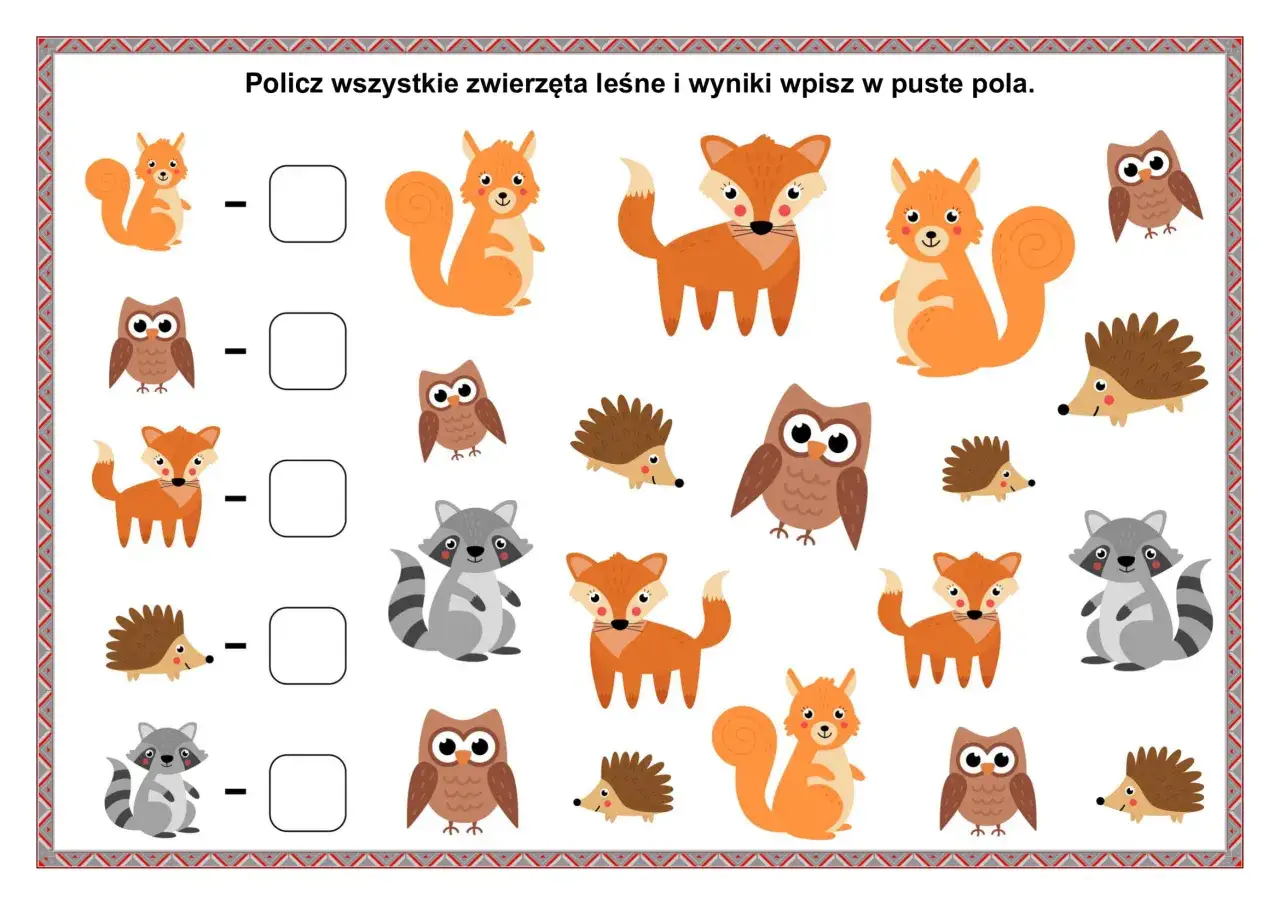 Zwierzęta leśne na kartach pracy: liski, wiewiórki, jeże, sowy i szopy. Policz je i wpisz wyniki.