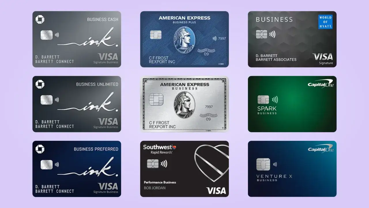 A collage of corporate credit cards, showcasing options like Chase Ink, American Express Business, and Capital One Spark, ideal for finding the most reliable corporate credit cards for startups.