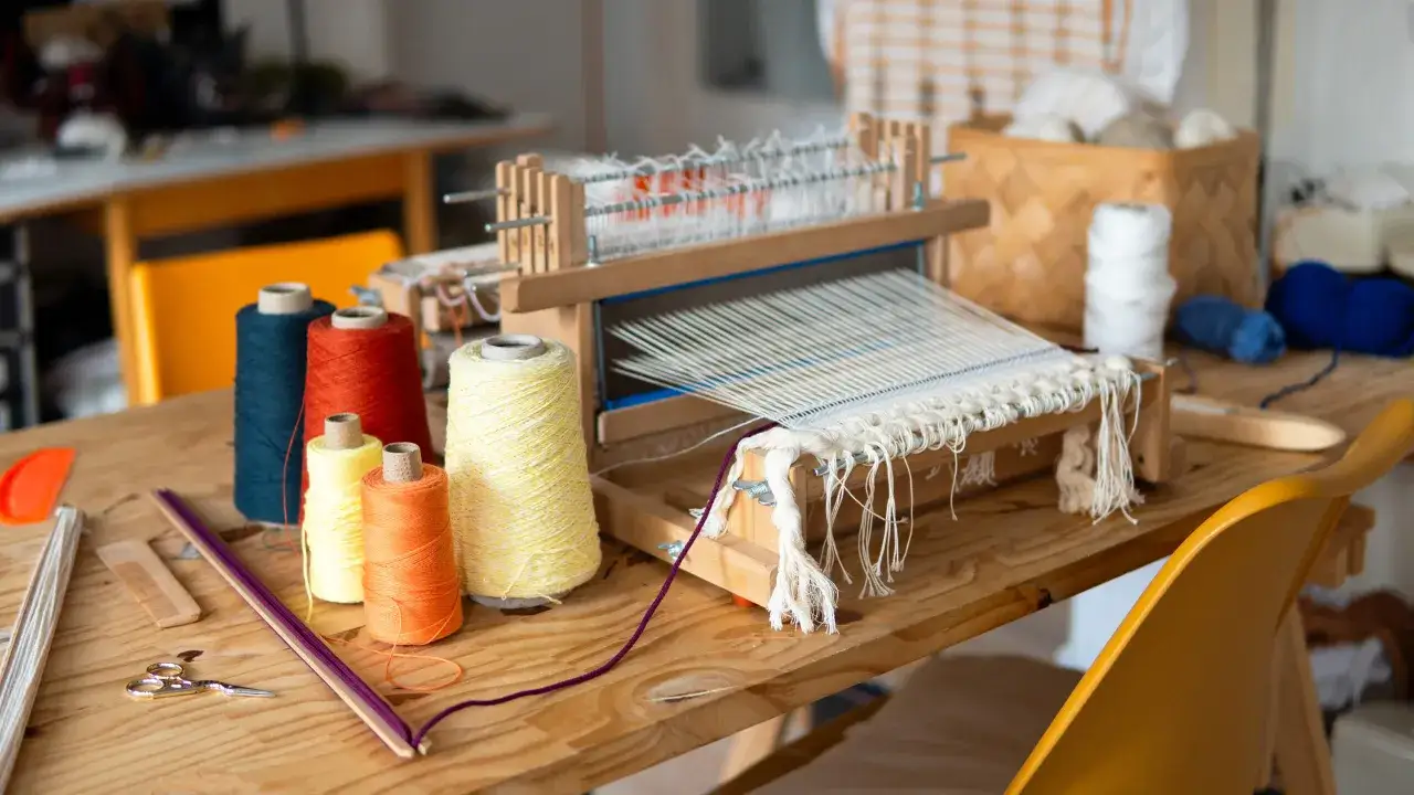 Un métier à tisser est prêt pour créer un beau tissage tissu. Des fils colorés sont disposés autour, attendant d'être transformés.