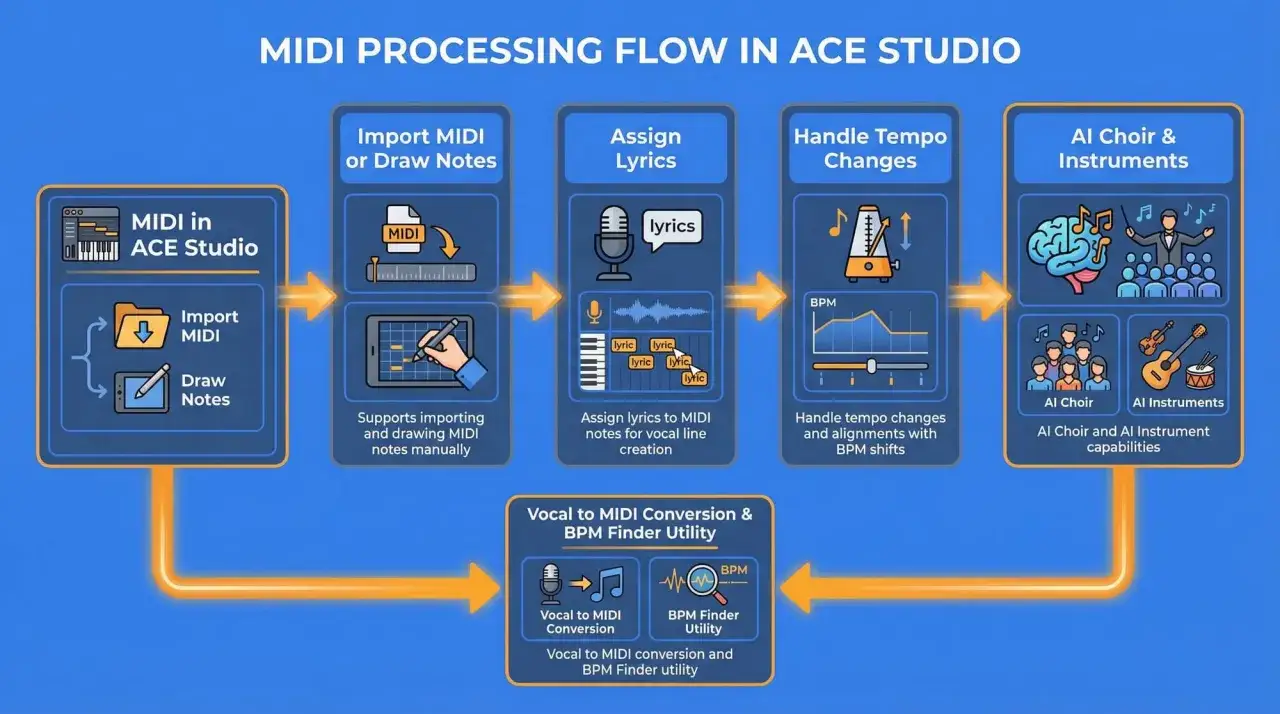 Flux de traitement MIDI dans ACE Studio : importation, assignation de paroles, gestion du tempo, et cr&eacute;ation de ch&oelig;urs/instruments IA. Id&eacute;al pour composer &agrave; son midi.