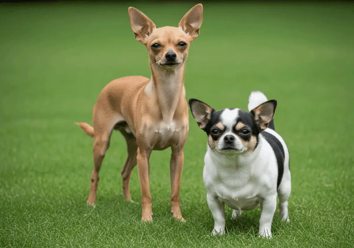 Dos chihuahuas en el césped. Uno es color canela, con una cabeza que recuerda a un chihuahua cabeza de venado. El otro es blanco y negro.