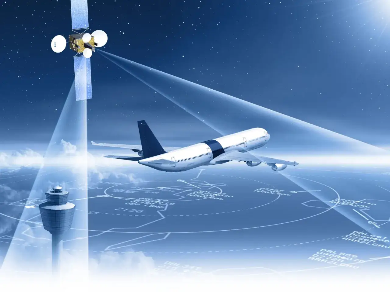Nowoczesne lotnictwo i kosmonautyka: satelita, samolot i wieża kontroli lotów nad mapą radarową.