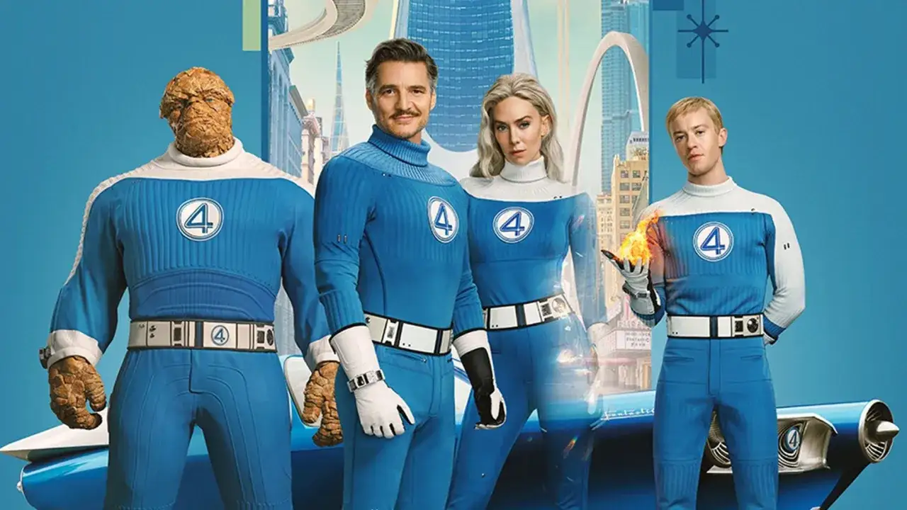 Los 4 fantásticas posan con sus trajes icónicos. La Mole, Reed Richards, Sue Storm y la Antorcha Humana listos para la acción.