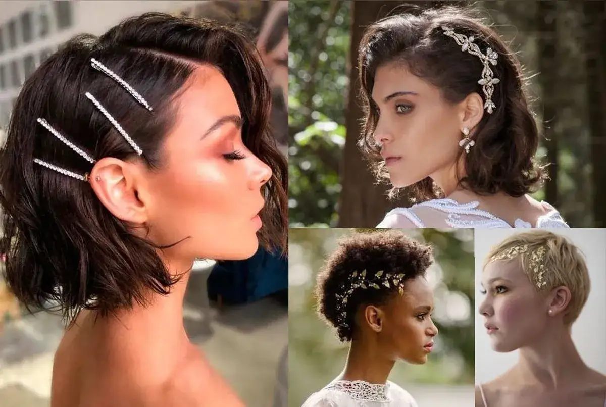 Coiffure mariage cheveux court et fin : &eacute;pingles scintillantes, diad&egrave;me fleuri, bijou v&eacute;g&eacute;tal, feuilles d'or.