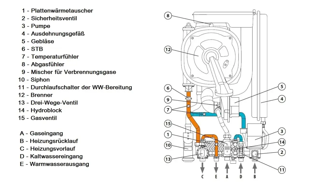 Schema einer Gastherme: zeigt Plattenw&auml;rmetauscher, Brenner, Pumpe und weitere Komponenten. Hier wird erkl&auml;rt, was eine Gastherme ist.