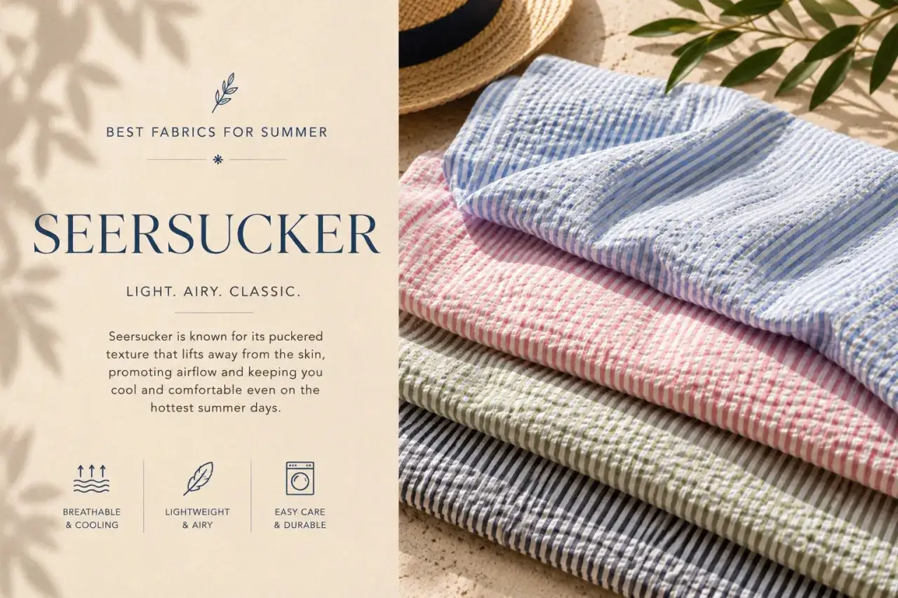 Seersucker, the perfect lightweight fabric for summer, shown in pastel stripes. Stay cool and comfortable.