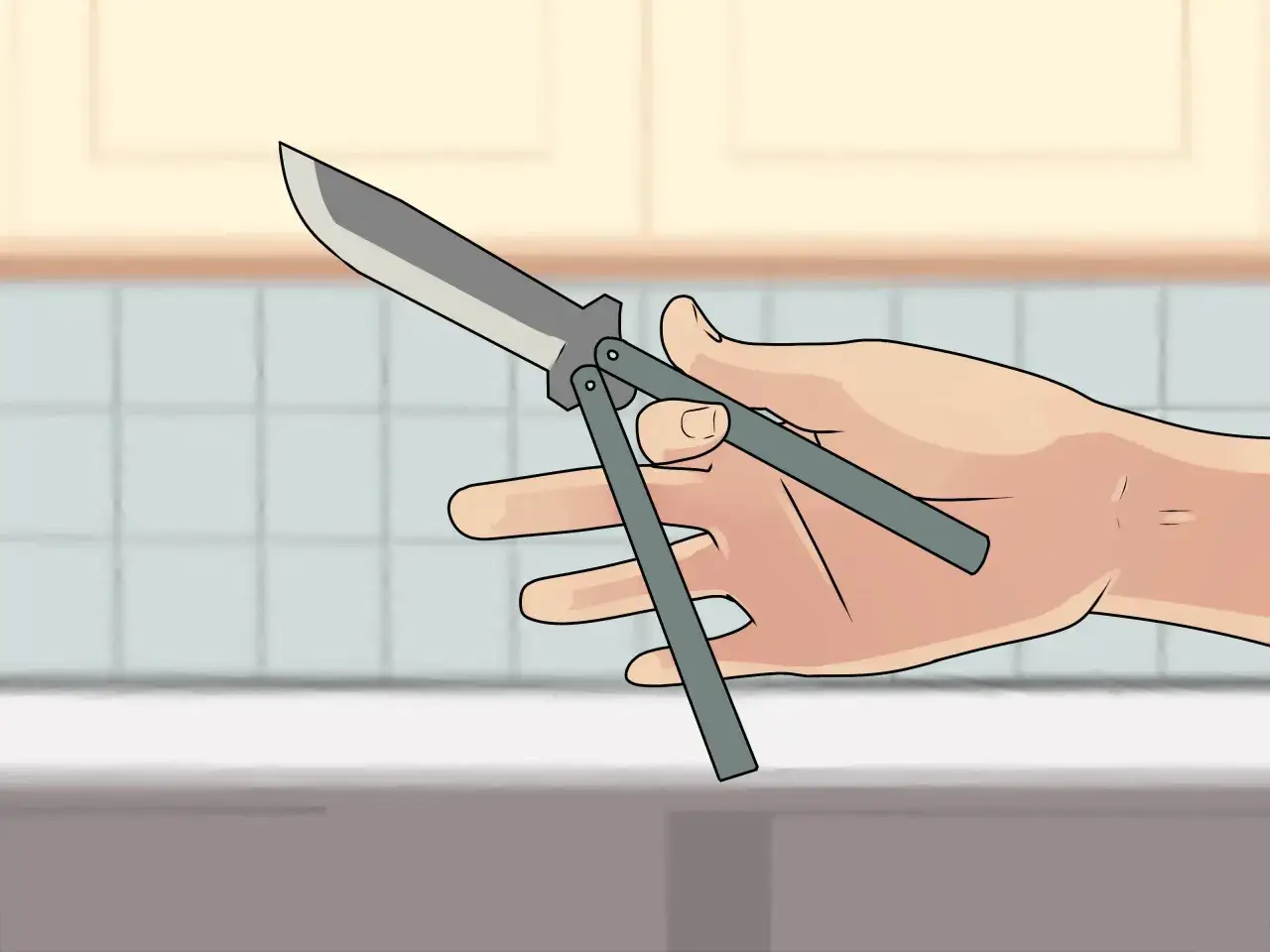 Mano practicando trucos navaja mariposa, con la hoja abierta y los mangos girando.