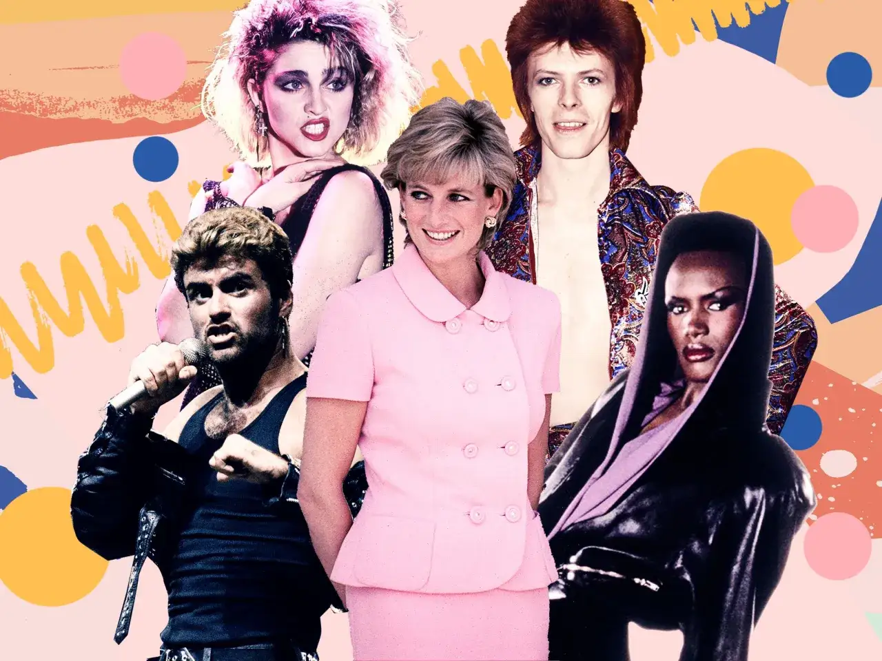Ikony lat 80.: Madonna, David Bowie, Księżna Diana, George Michael i Grace Jones na kolorowym tle.