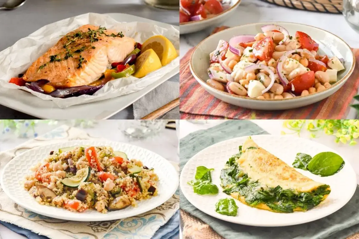 Cuatro platos deliciosos para cenas saludables y ligeras: salmón al horno, ensalada de legumbres, quinoa con verduras y tortilla de espinacas.