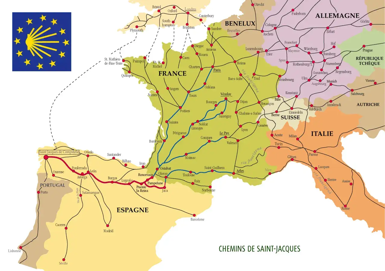 Carte des Chemins de Saint-Jacques, avec des routes traversant la France, l'Espagne, le Portugal, l'Italie et l'Europe centrale.