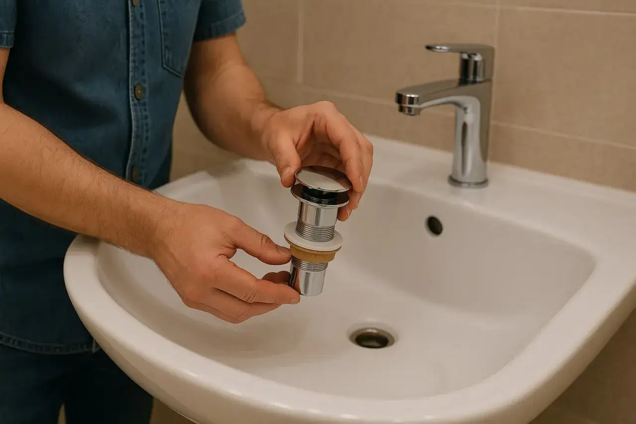 Installation lavabo : mains tenant un nouveau siphon chrom&eacute; pr&ecirc;t &agrave; &ecirc;tre mont&eacute; dans la vasque blanche.
